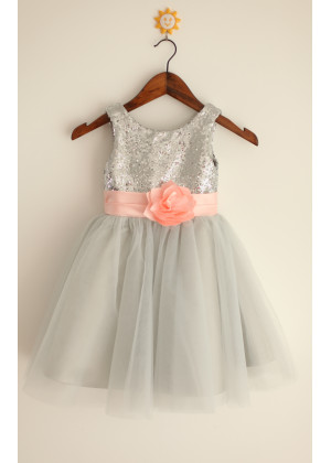 Silver Sequin Gray Tulle Bling Bling Flower Girl Dress